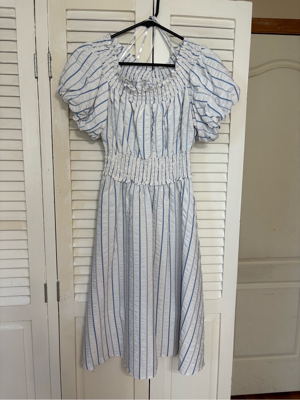Calvin Klein Blue and White Striped Smocked Midi Dress